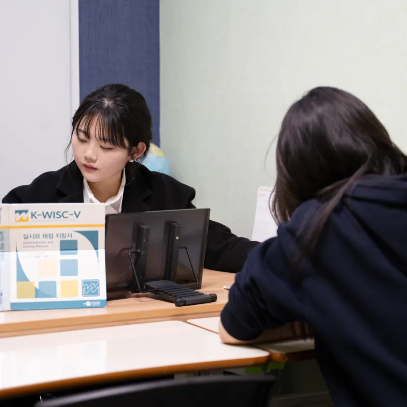 K-WISC-V 검사 도구를 사이에 두고 1:1 검사가 진행되는 장면